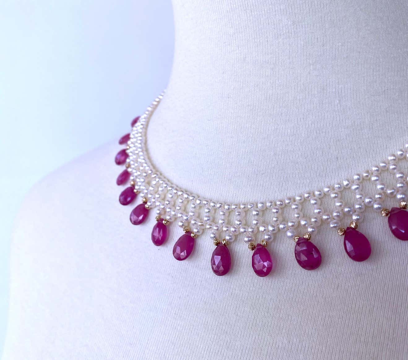 Pink Sapphire & Pearl Woven Necklace with 14k Yellow Gold