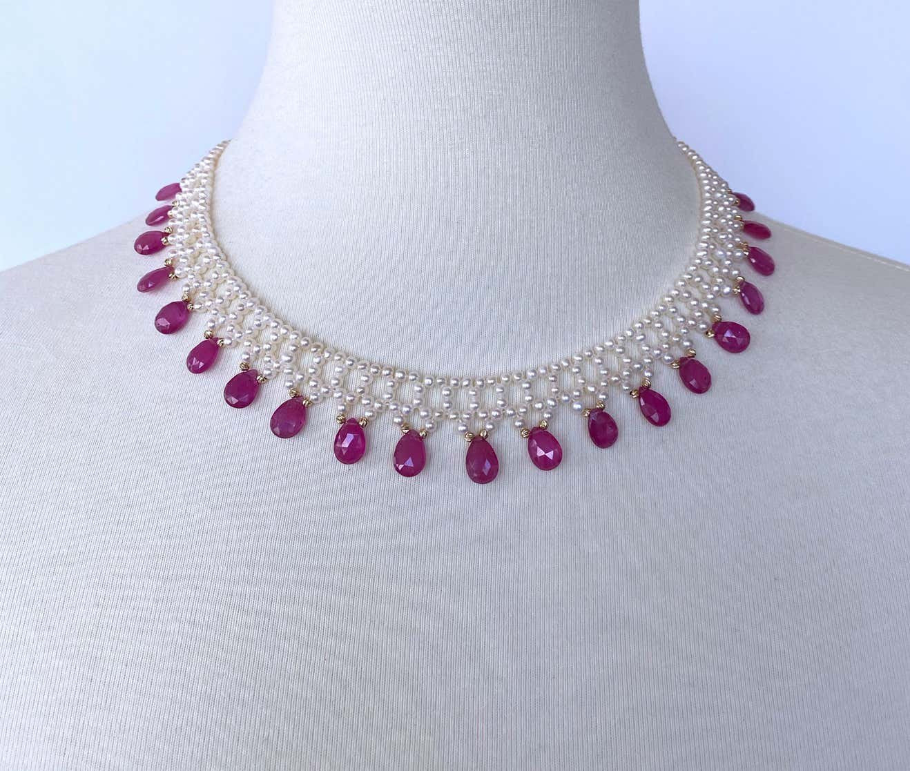 Pink Sapphire & Pearl Woven Necklace with 14k Yellow Gold