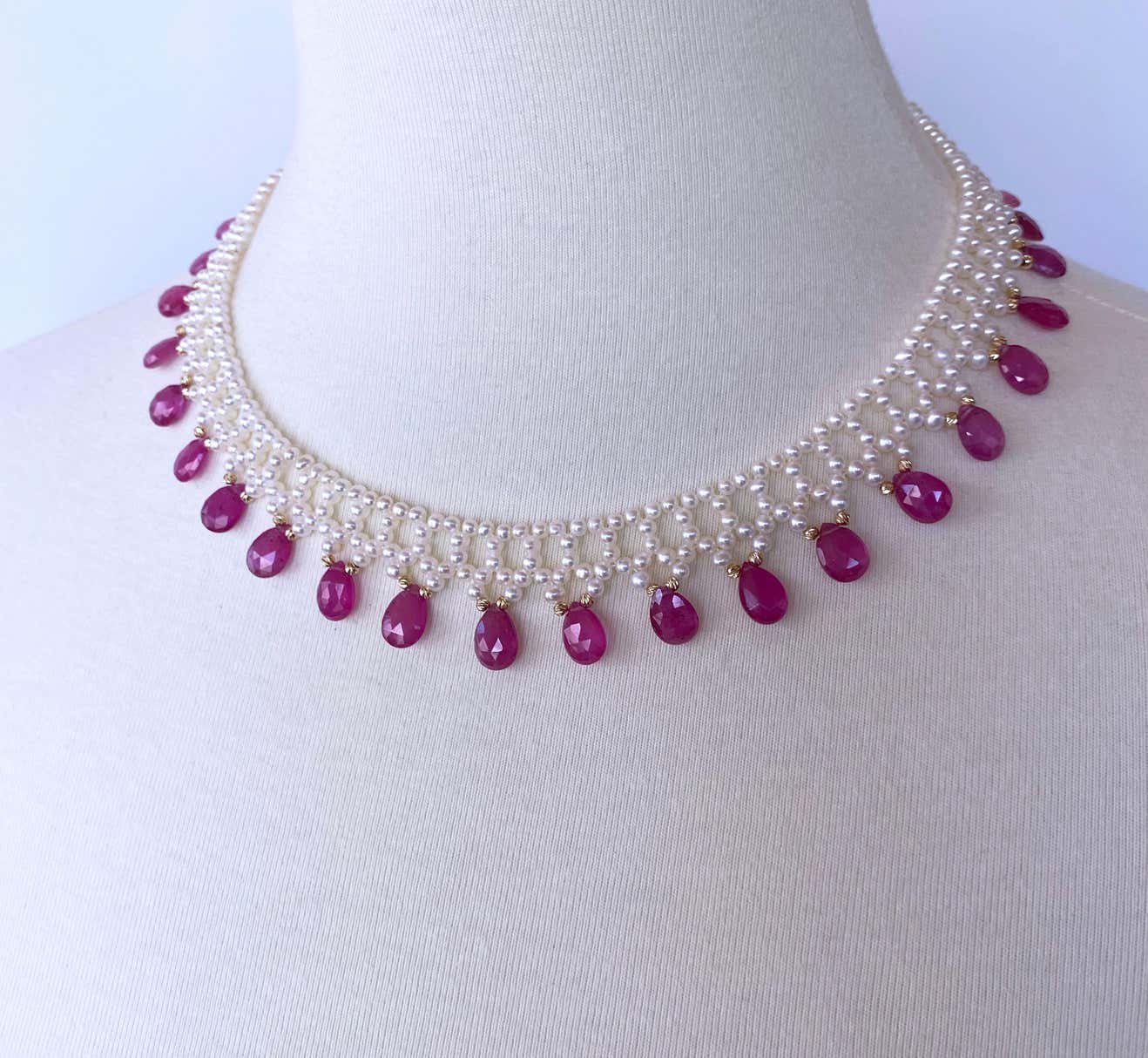 Pink Sapphire & Pearl Woven Necklace with 14k Yellow Gold