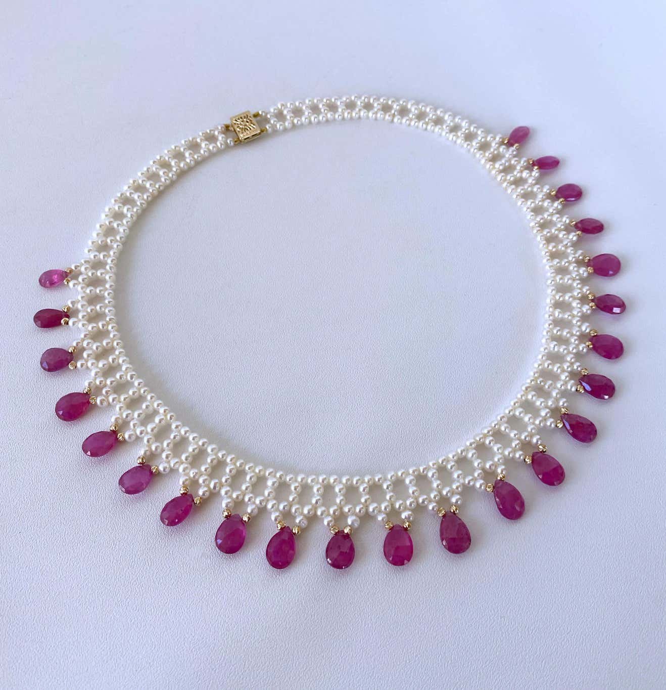 Pink Sapphire & Pearl Woven Necklace with 14k Yellow Gold