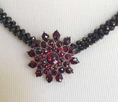 Marina J Black Spinel Rope Necklace, Garnet Vintage Brooch and 14 K Gold Clasp