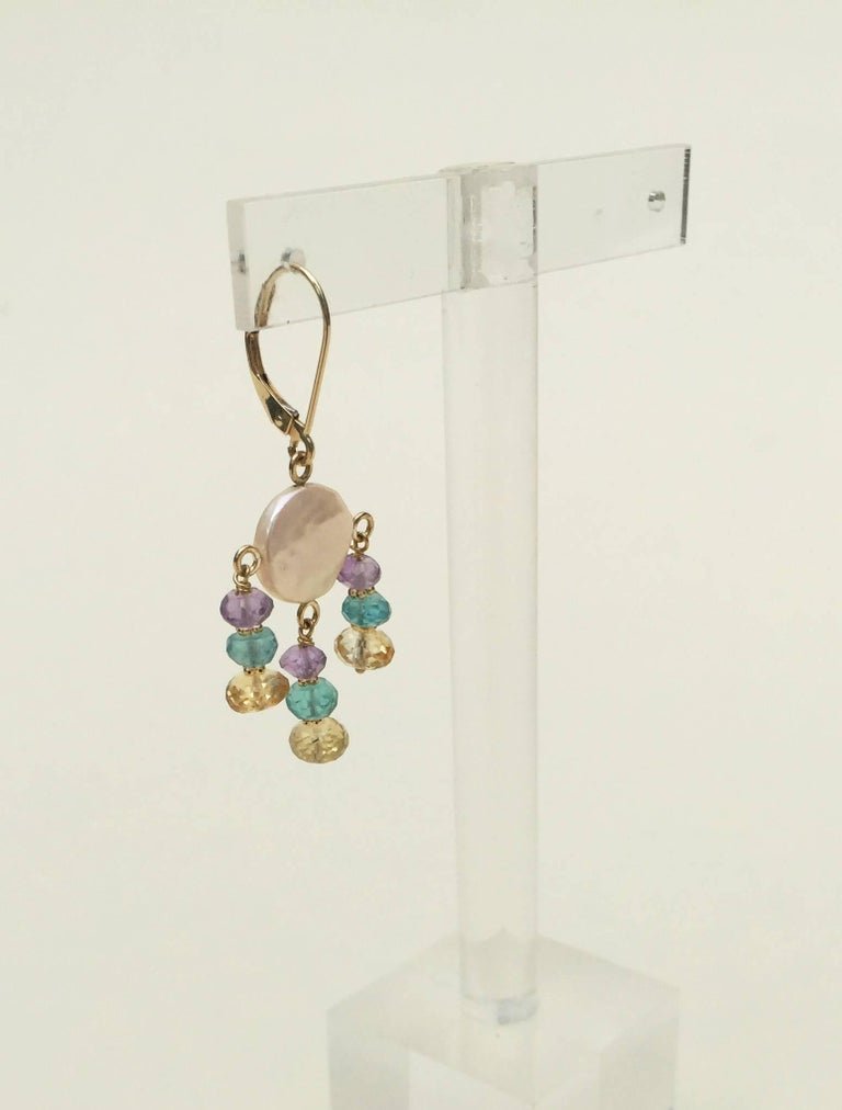 White Pearl Earrings with Amethyst, Topaz, Citrine and 14 Karat Gold