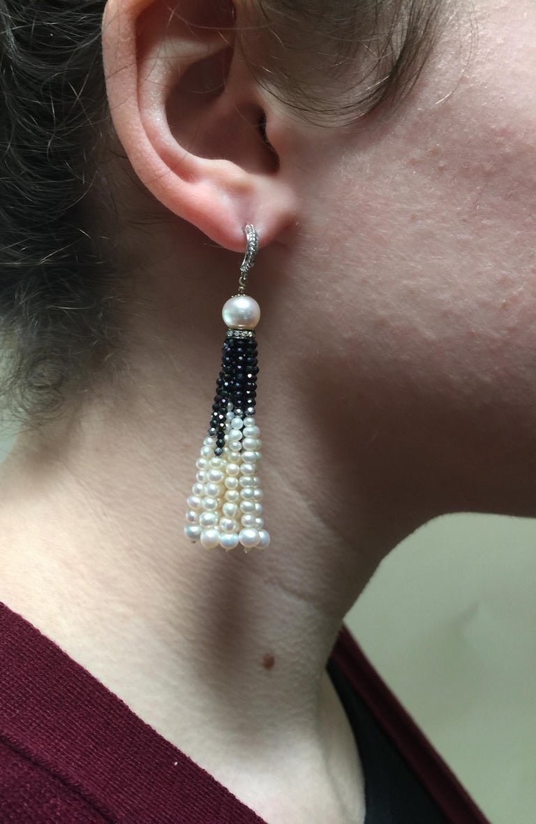 Black Spinel and White Pearl Tassel Earrings with 14 K White Gold