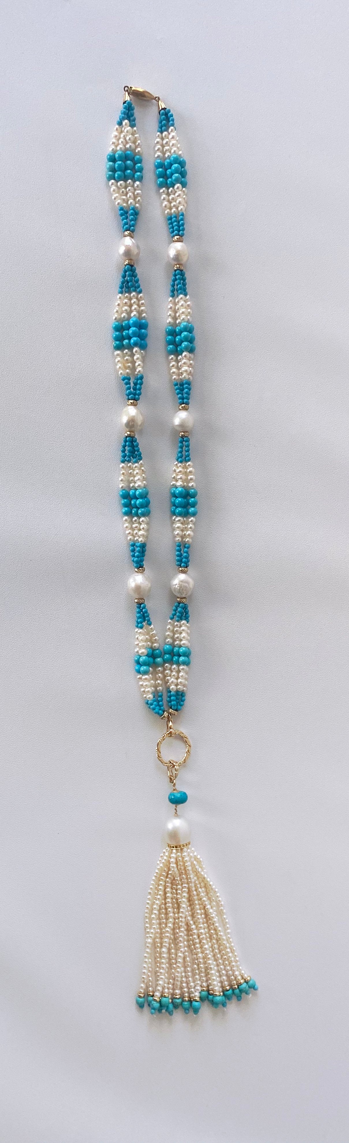 Graduated Pearl, Turquoise & 14k Yellow Gold Sautoir with Tassel