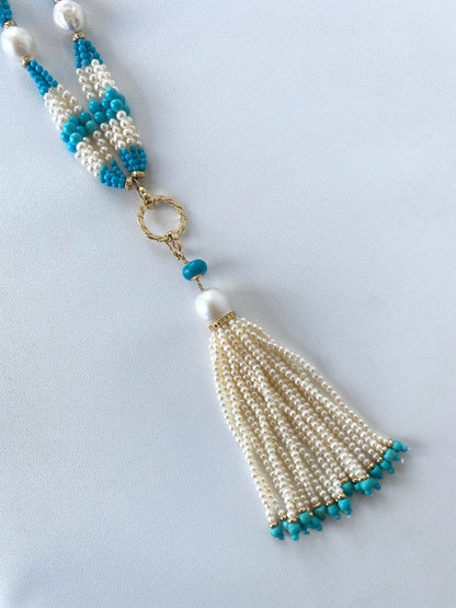 Graduated Pearl, Turquoise & 14k Yellow Gold Sautoir with Tassel
