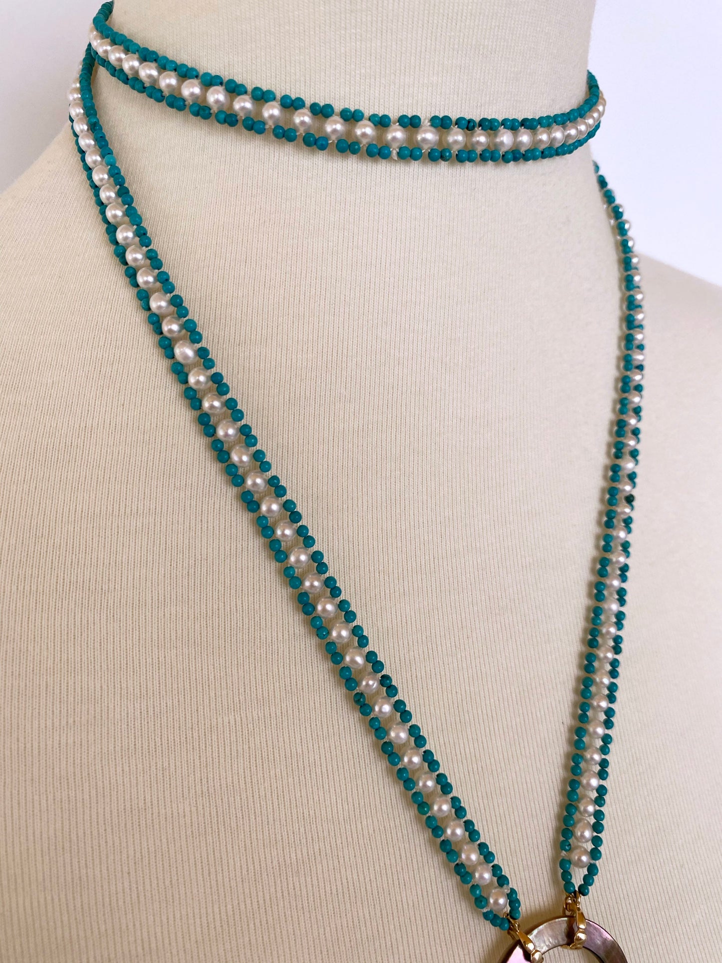 Marina J. Woven Pearl and Turquoise Beaded Sautoir with Graduated Pearl Tassel and 14K