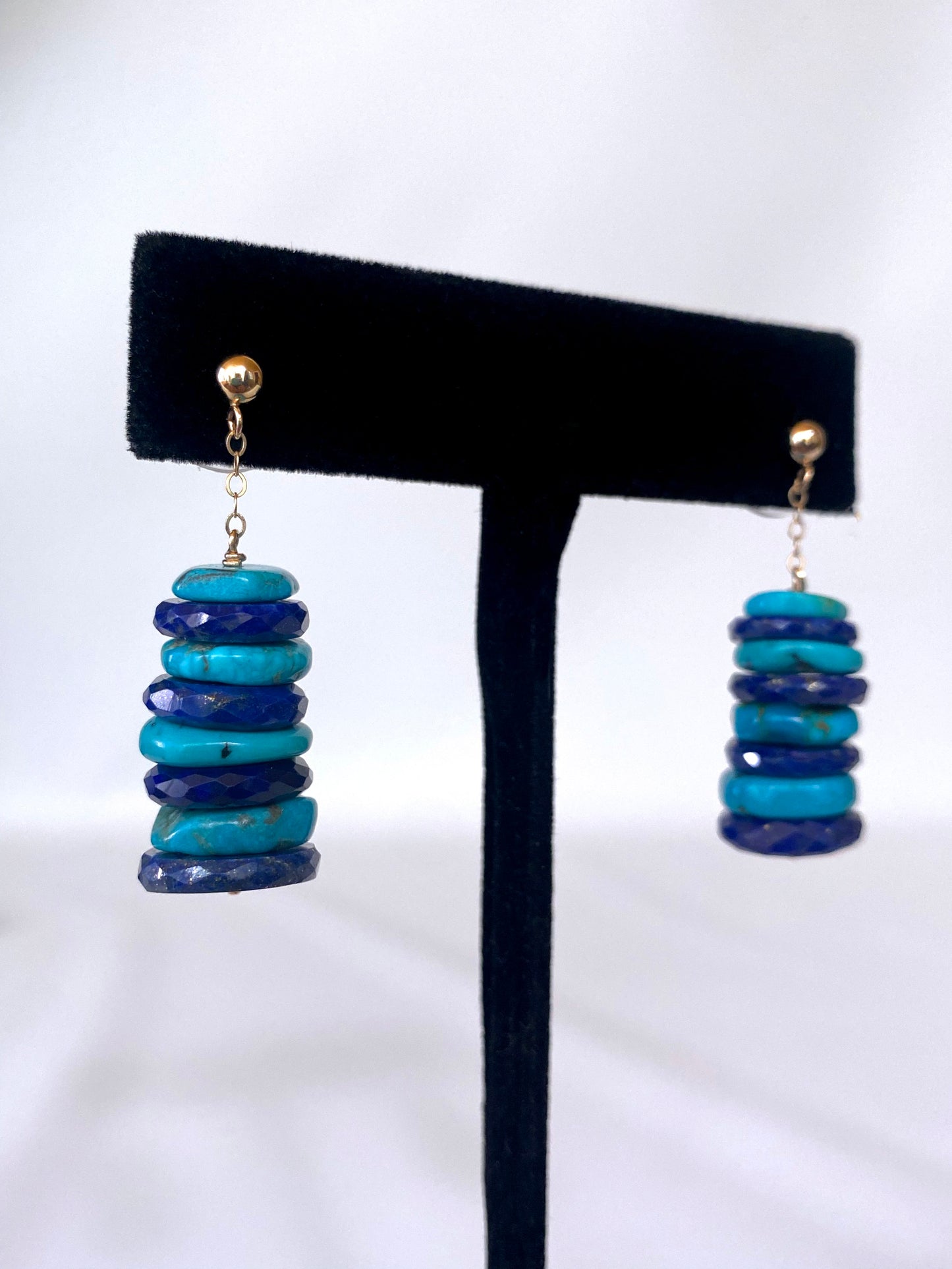 Turquoise, Lapis Lazuli & Solid 14k Yellow Gold Earrings