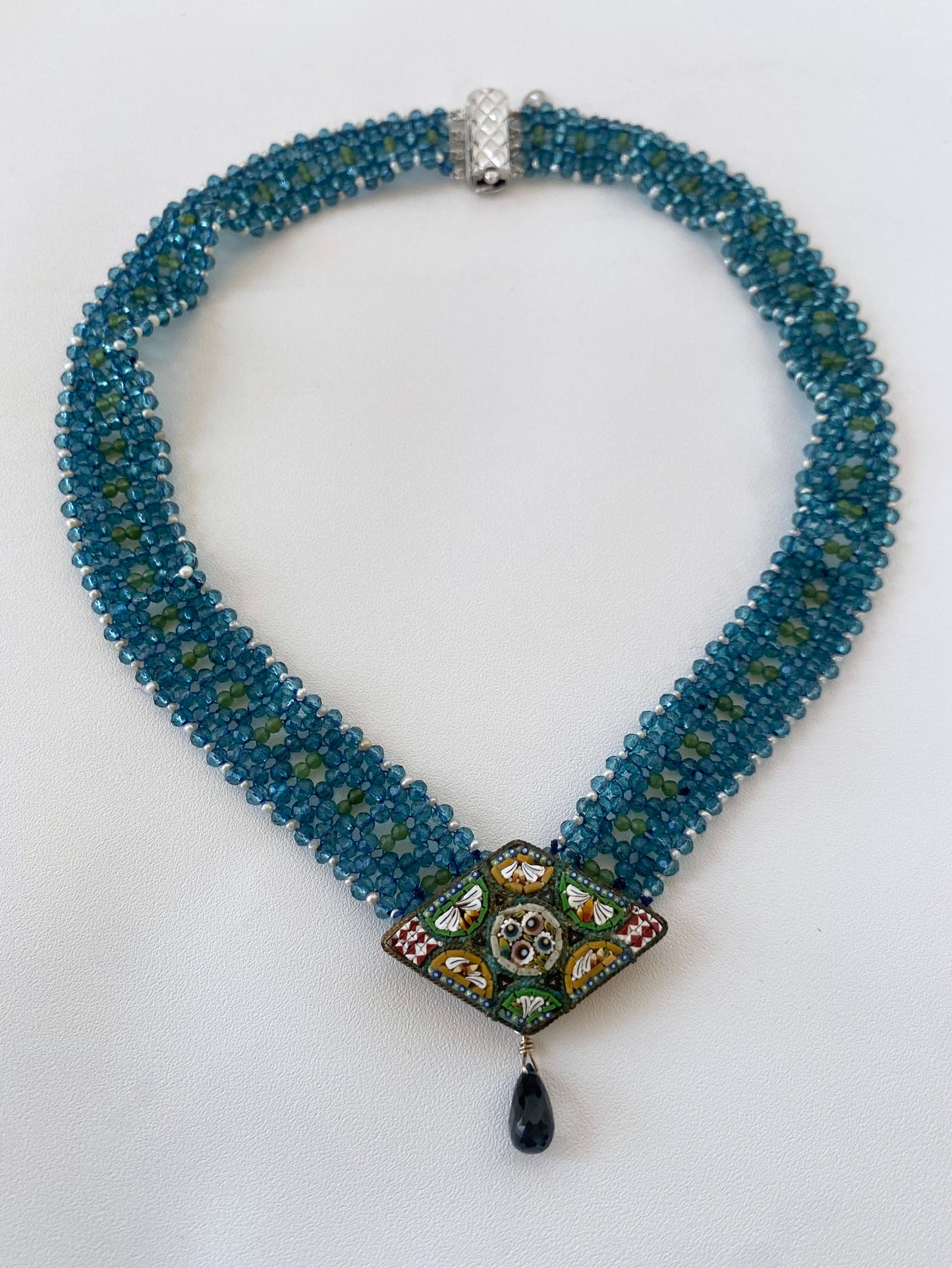 London Blue Topaz, Peridot, Seed Pearl and Vintage Mosaic Necklace