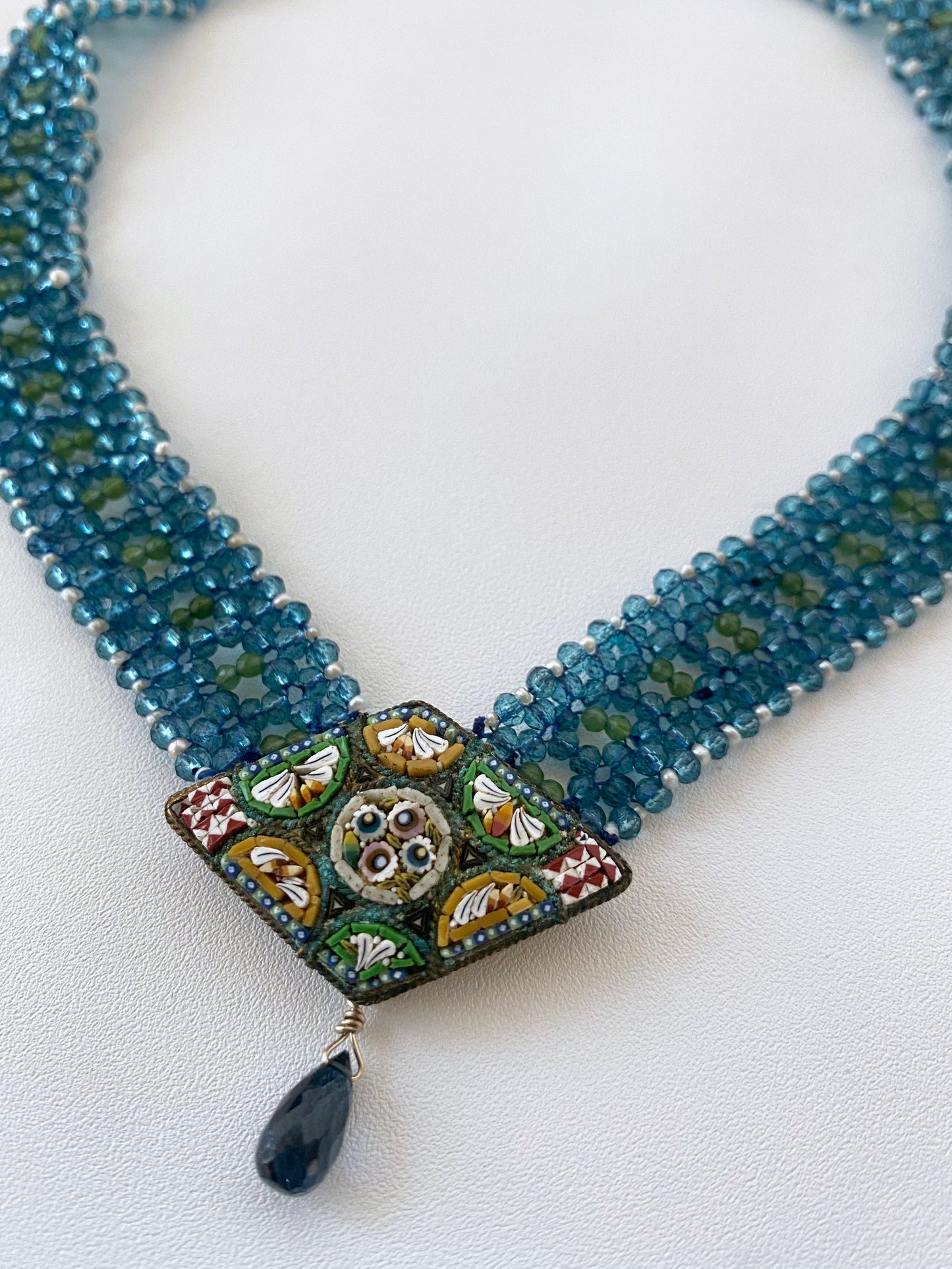 London Blue Topaz, Peridot, Seed Pearl and Vintage Mosaic Necklace