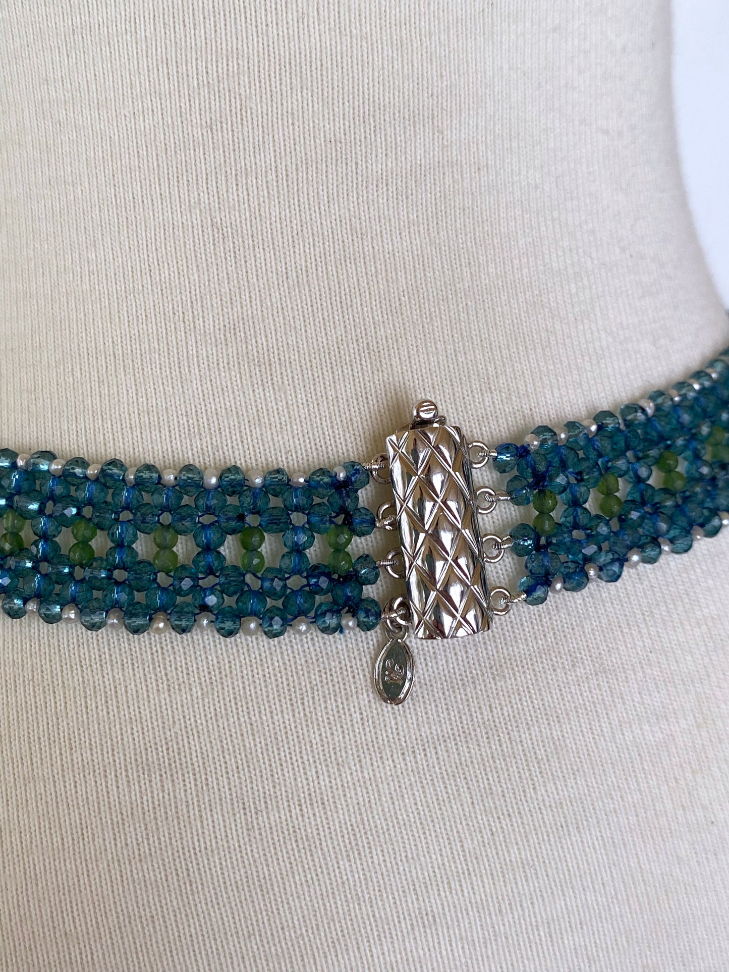 London Blue Topaz, Peridot, Seed Pearl and Vintage Mosaic Necklace