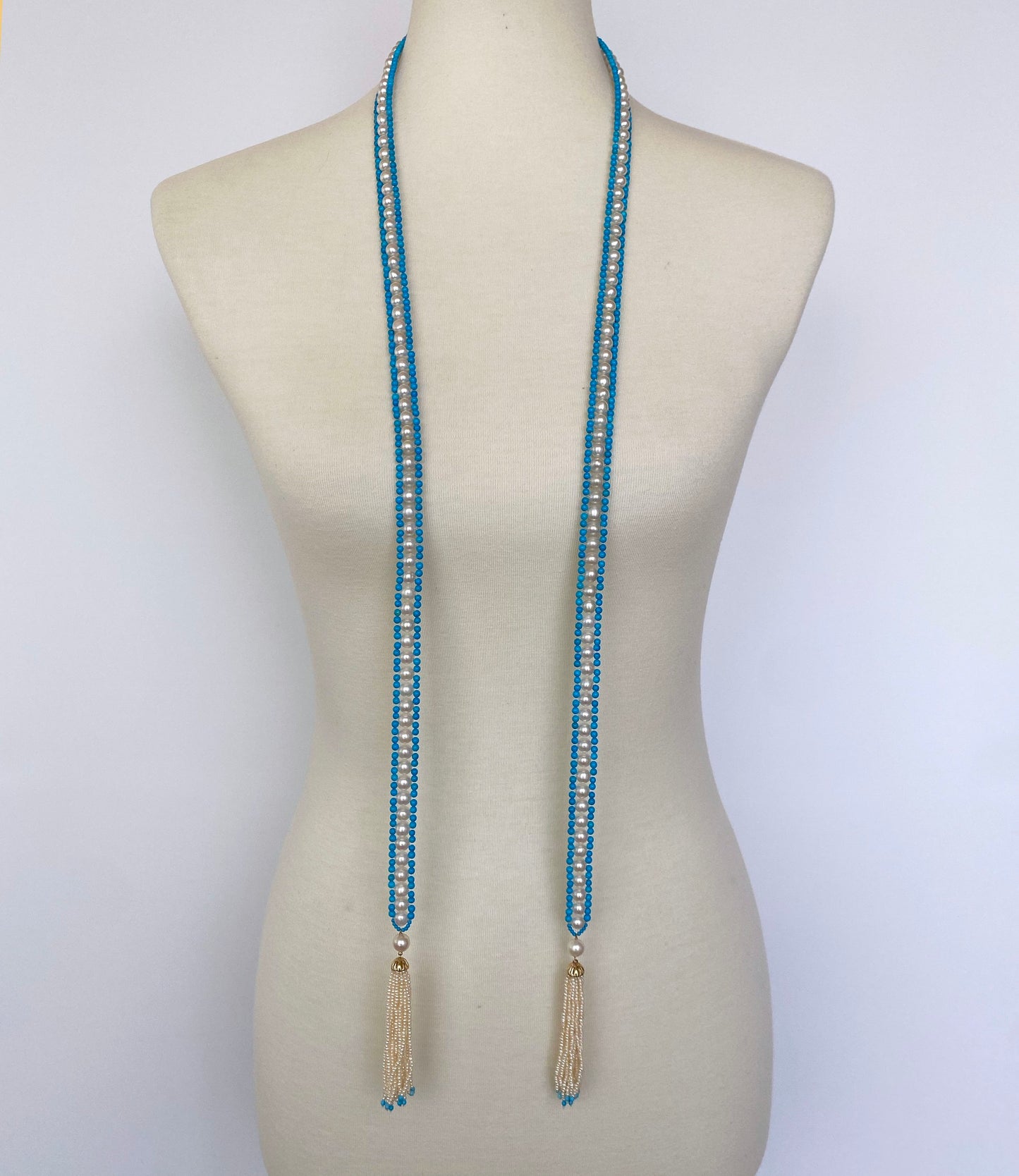 Woven Pearl & Turquoise Sautoir with Seed Pearl & Gold Tassels