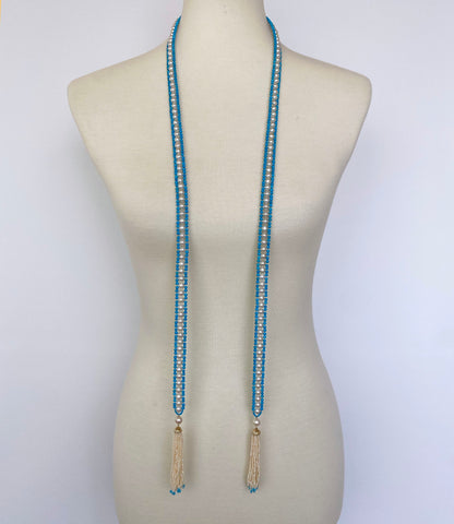 Woven Pearl & Turquoise Bead Long Sautoir with Pearl and Gold Tassels