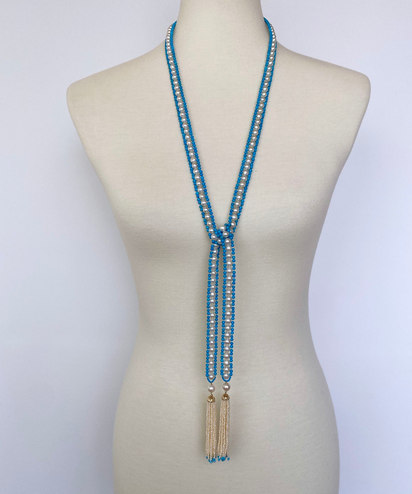 Woven Pearl & Turquoise Sautoir with Seed Pearl & Gold Tassels
