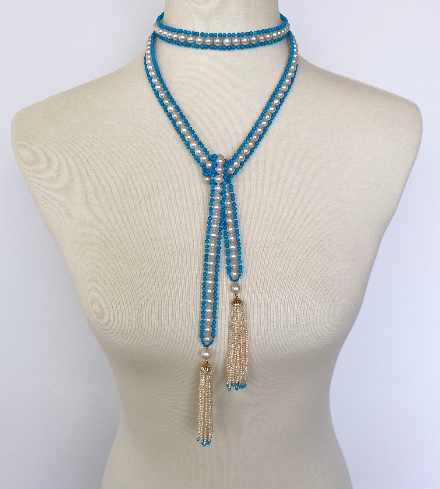 Woven Pearl & Turquoise Sautoir with Seed Pearl & Gold Tassels
