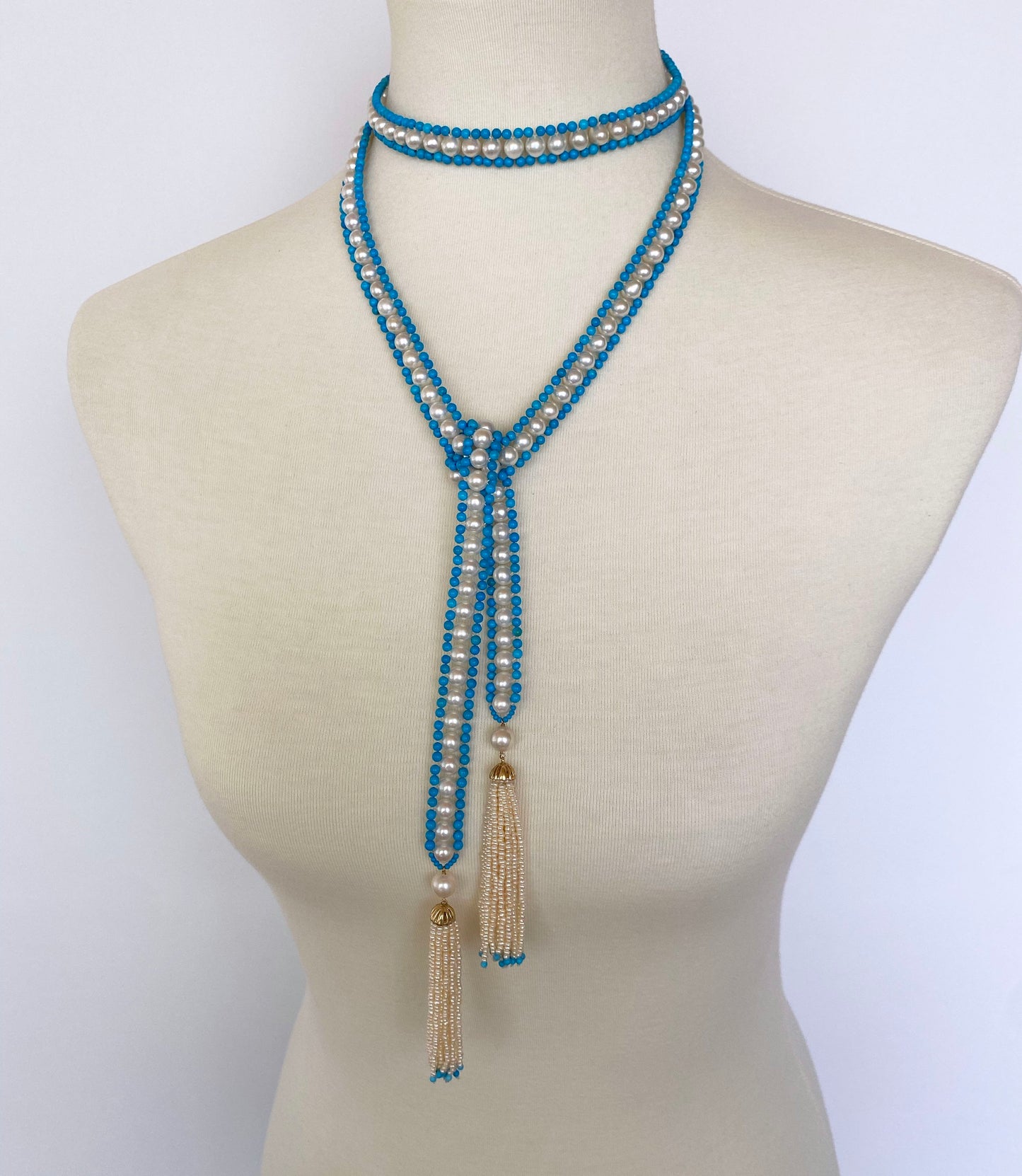Woven Pearl & Turquoise Sautoir with Seed Pearl & Gold Tassels