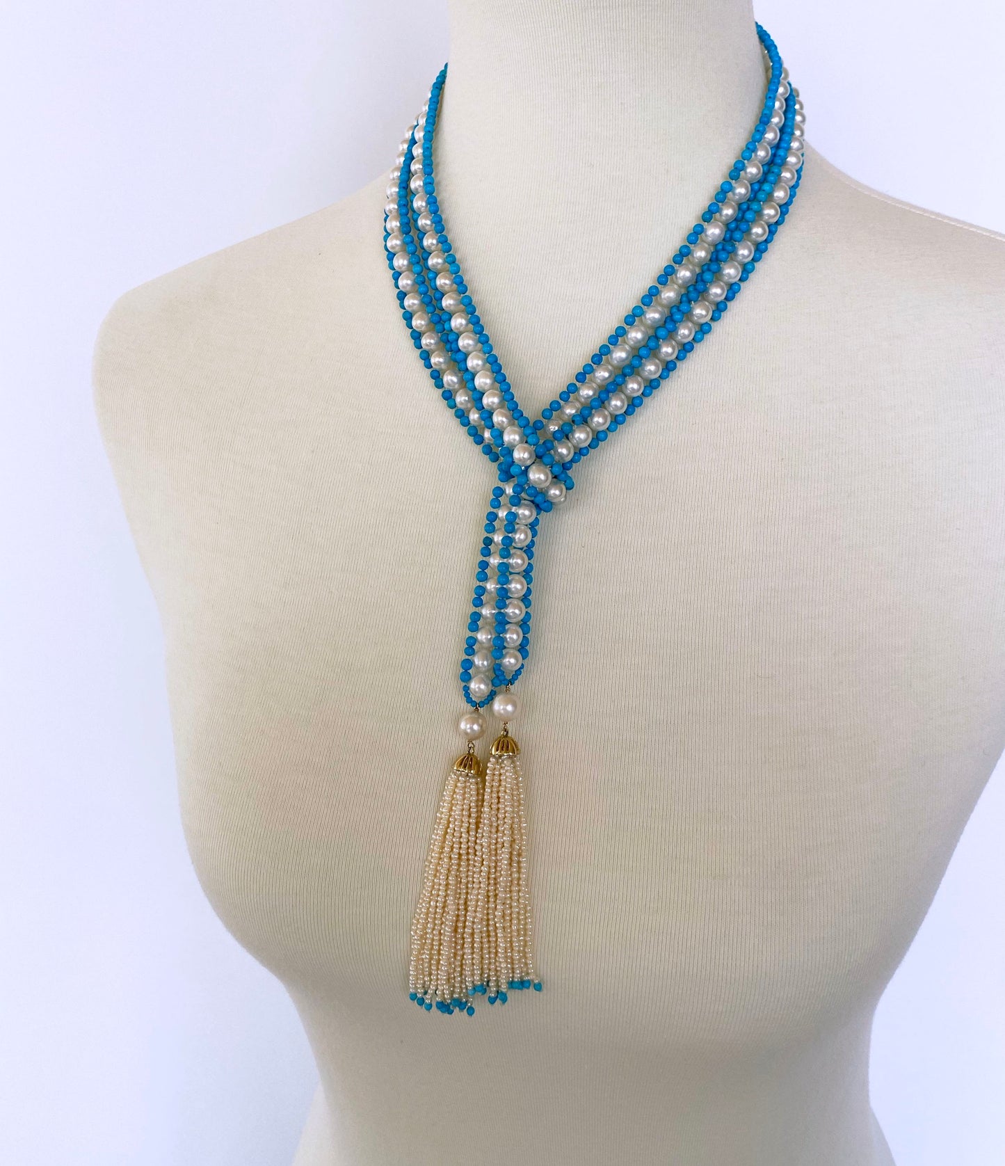 Woven Pearl & Turquoise Sautoir with Seed Pearl & Gold Tassels