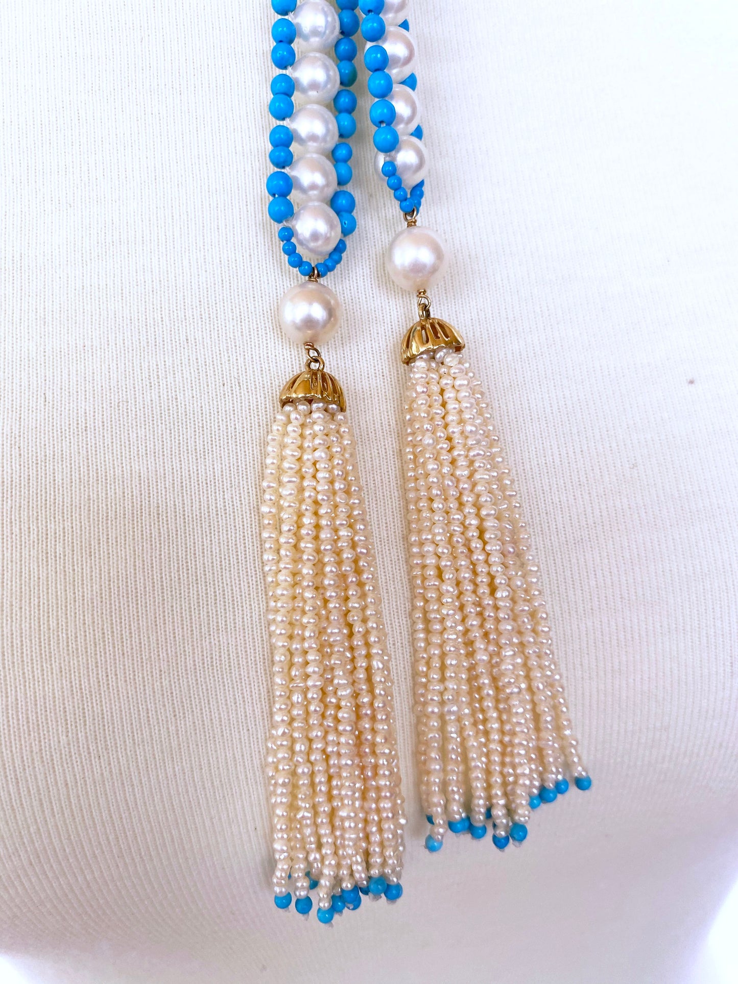 Woven Pearl & Turquoise Sautoir with Seed Pearl & Gold Tassels