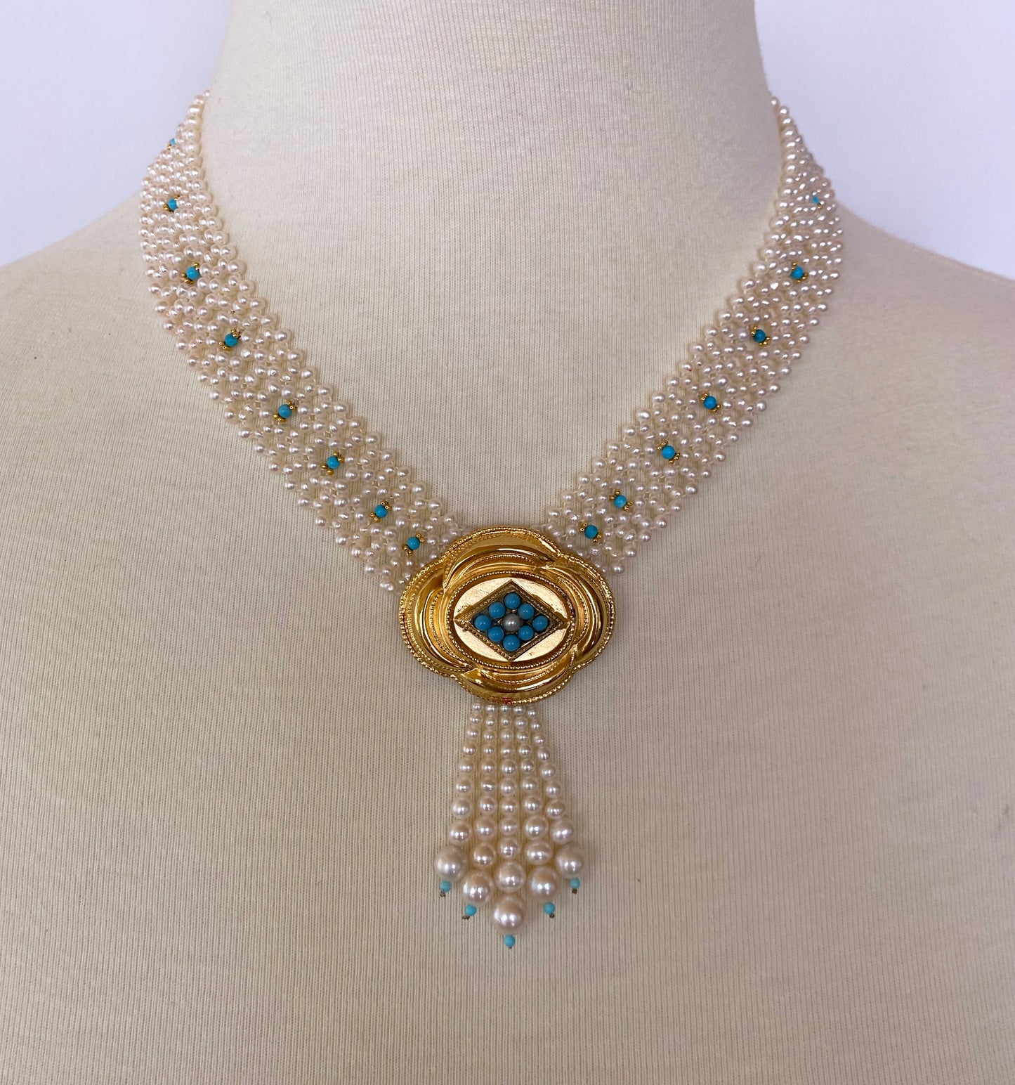 Pearl Woven and Turquoise Necklace with Vintage 14k Plated Centerpiece