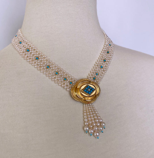 Pearl Woven and Turquoise Necklace with Vintage 14k Plated Centerpiece