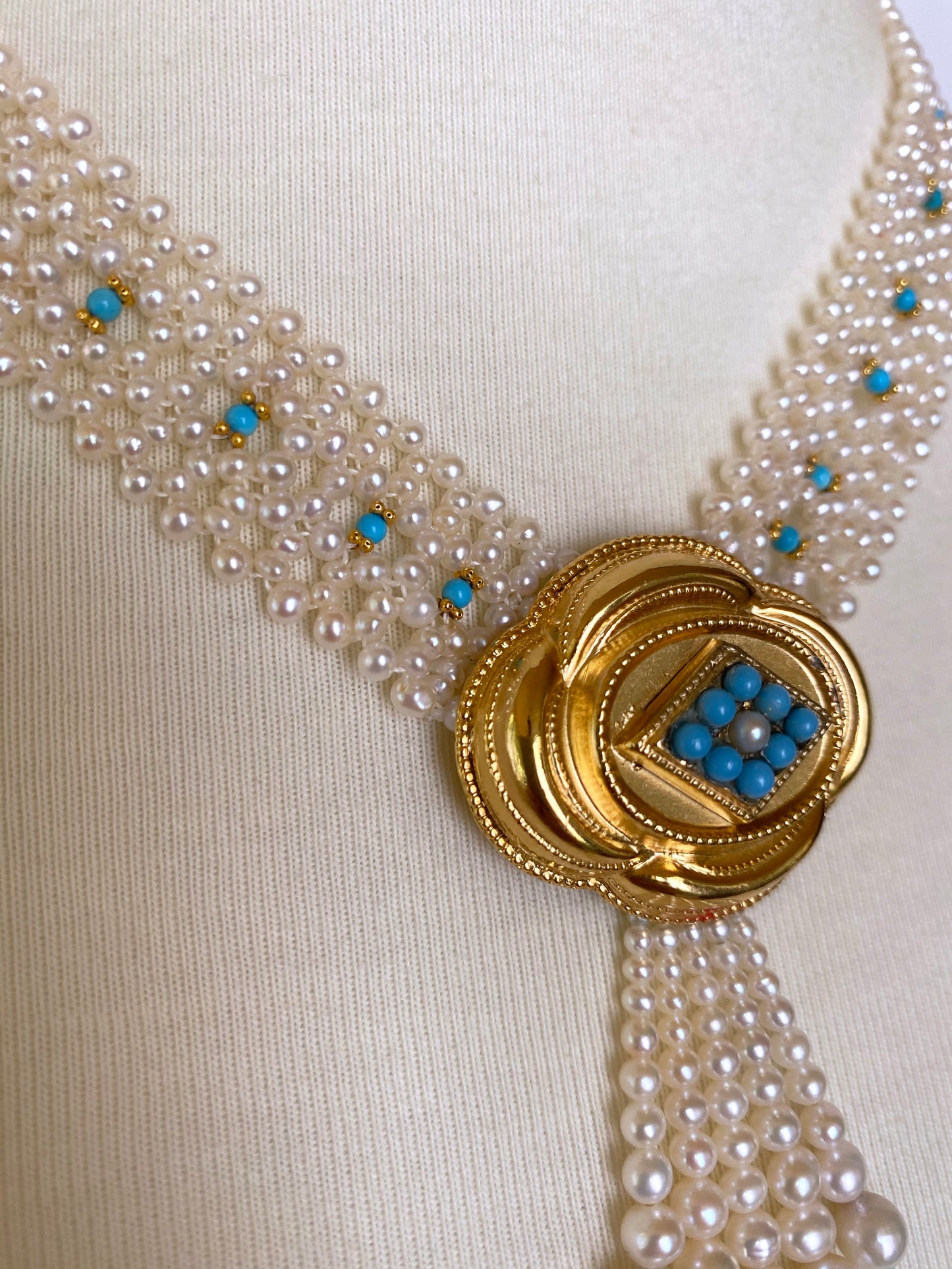 Pearl Woven and Turquoise Necklace with Vintage 14k Plated Centerpiece