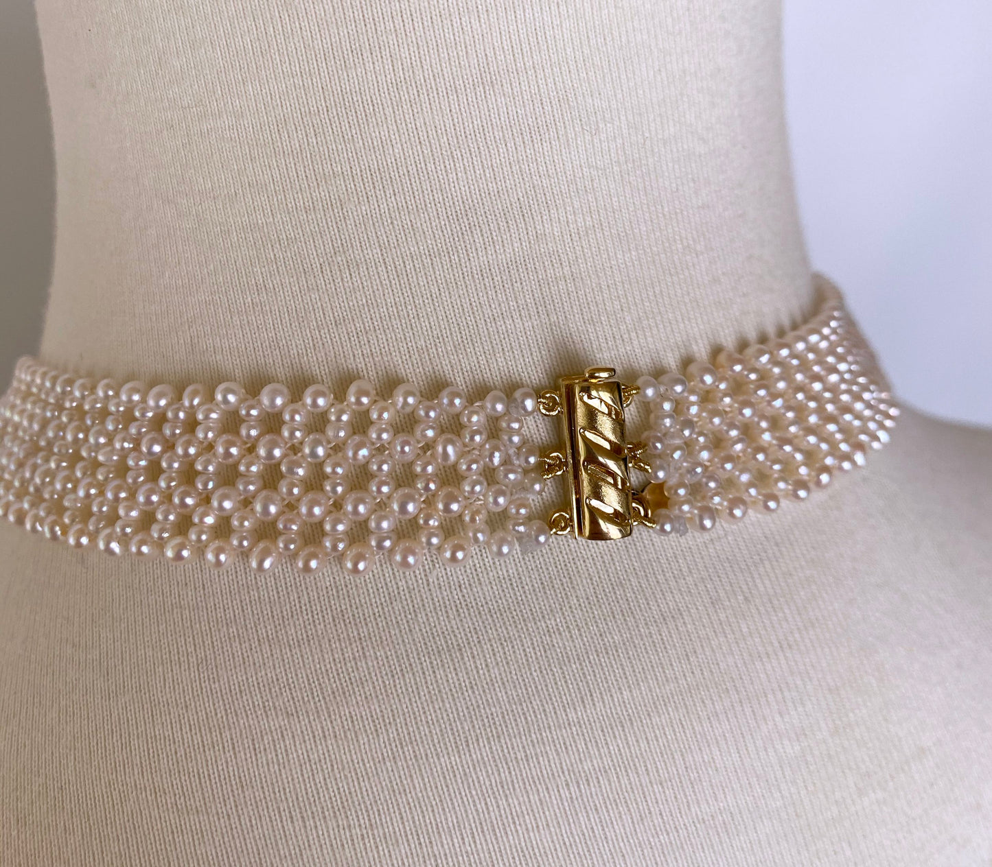 Pearl Woven and Turquoise Necklace with Vintage 14k Plated Centerpiece
