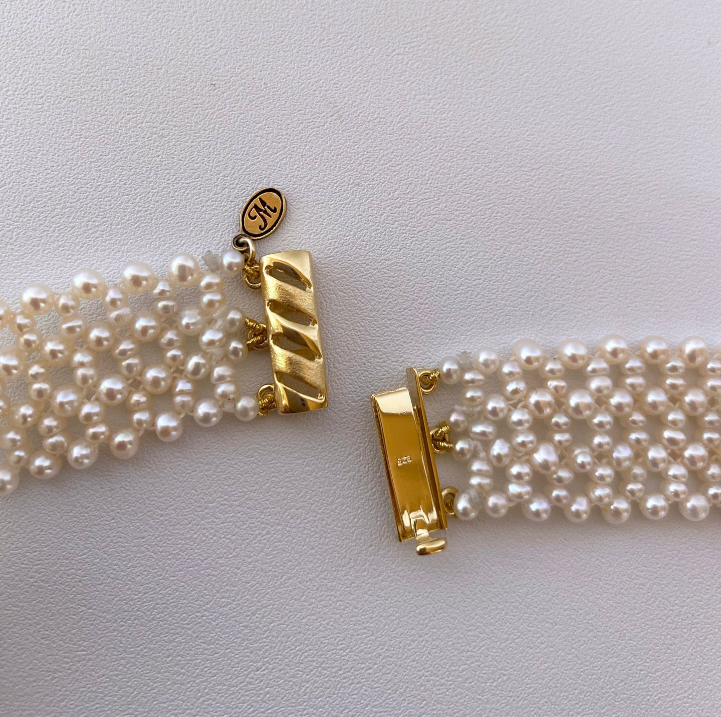 Pearl Woven and Turquoise Necklace with Vintage 14k Plated Centerpiece