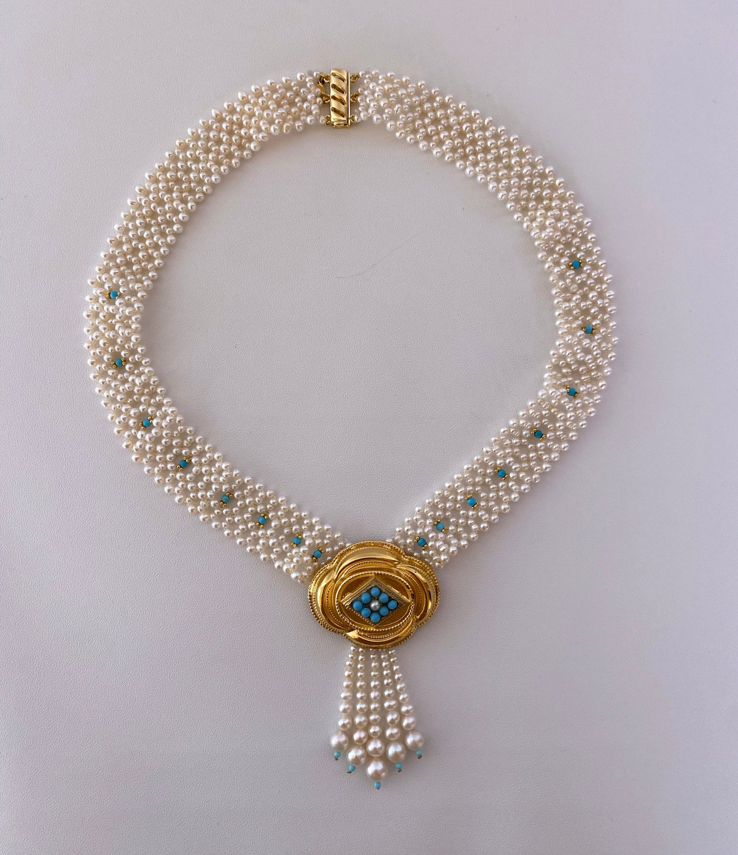 Pearl Woven and Turquoise Necklace with Vintage 14k Plated Centerpiece