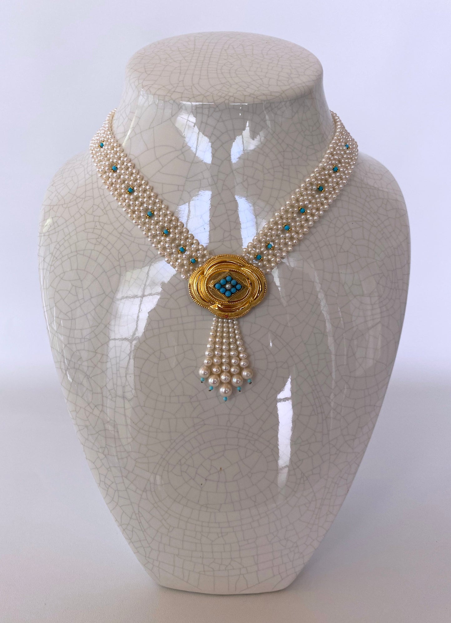 Pearl Woven and Turquoise Necklace with Vintage 14k Plated Centerpiece