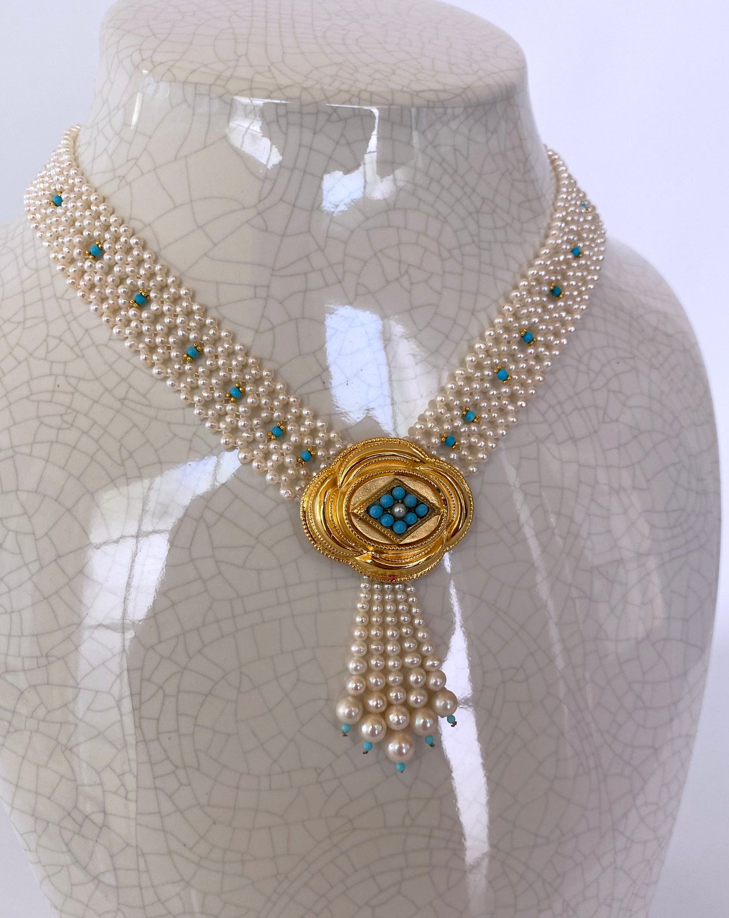 Pearl Woven and Turquoise Necklace with Vintage 14k Plated Centerpiece