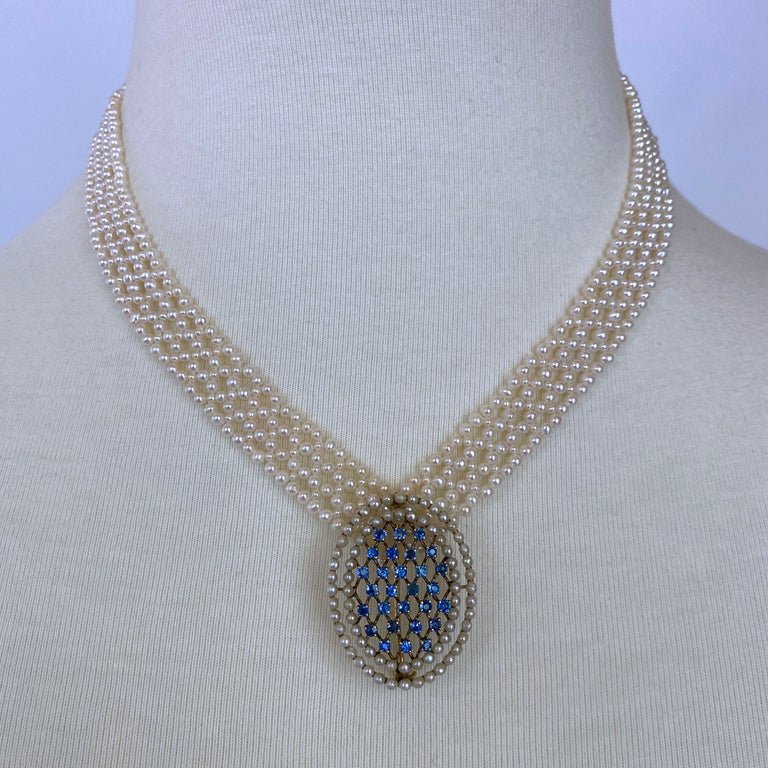 Pearl woven Necklace with 14k Vintage Blue Sapphire & Pearl Brooch