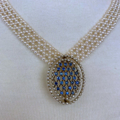 Pearl woven Necklace with 14k Vintage Blue Sapphire & Pearl Brooch