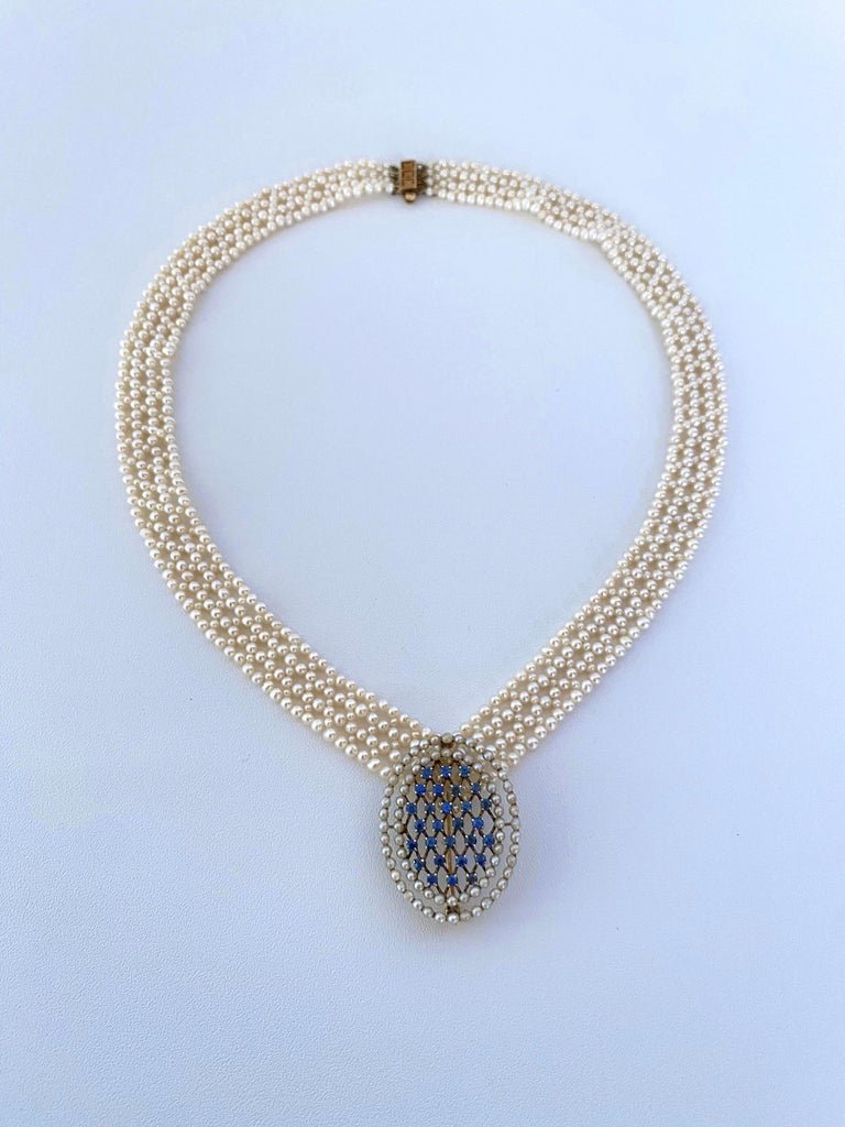 Pearl woven Necklace with 14k Vintage Blue Sapphire & Pearl Brooch