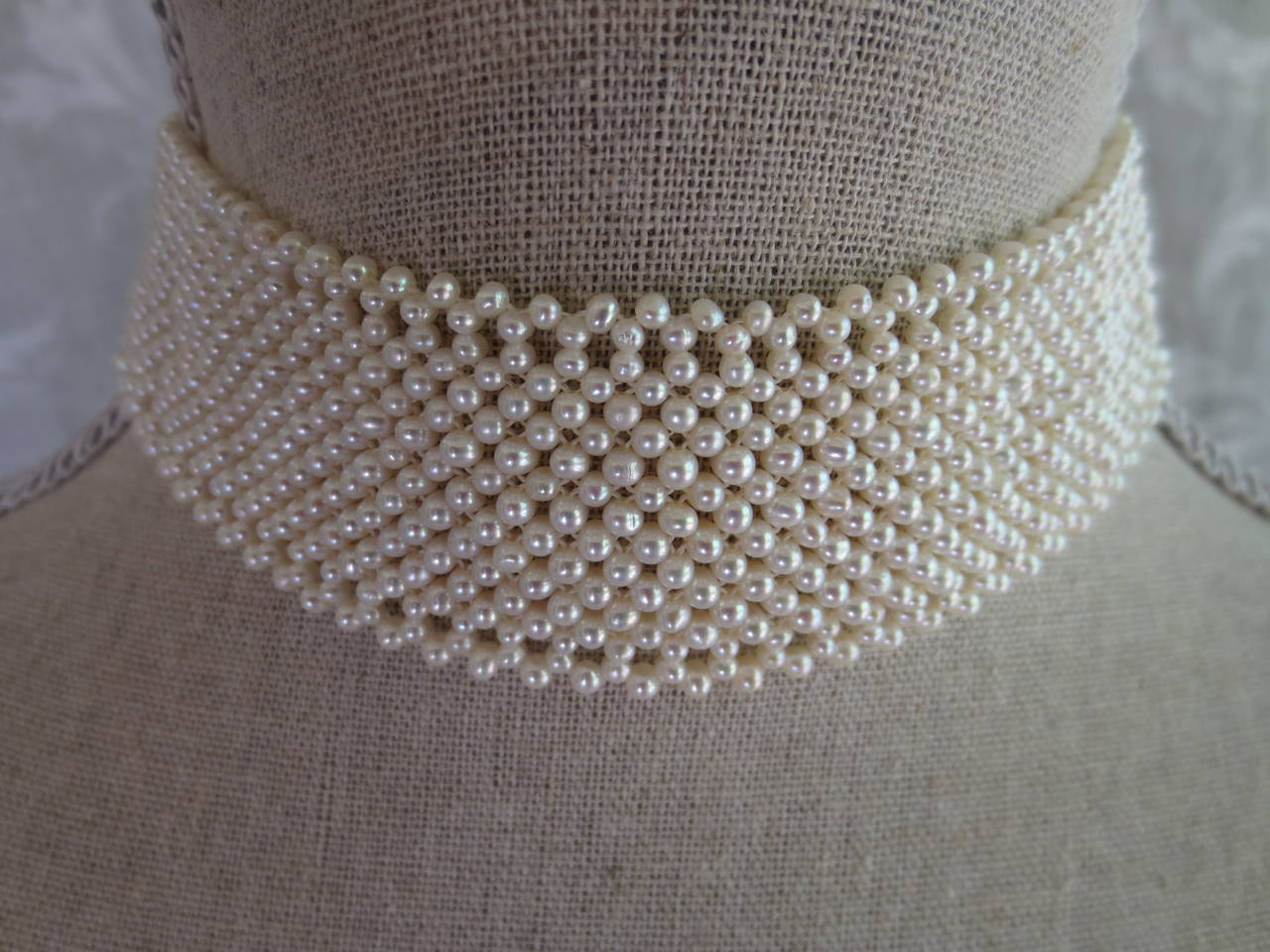 Woven White Pearl Choker Necklace with 14 k Yellow Gold Clasp