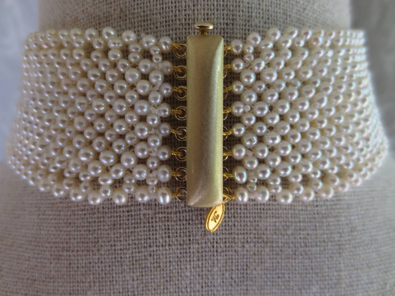 Woven White Pearl Choker Necklace with 14 k Yellow Gold Clasp