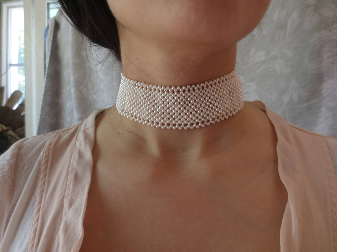 Woven White Pearl Choker Necklace with 14 k Yellow Gold Clasp