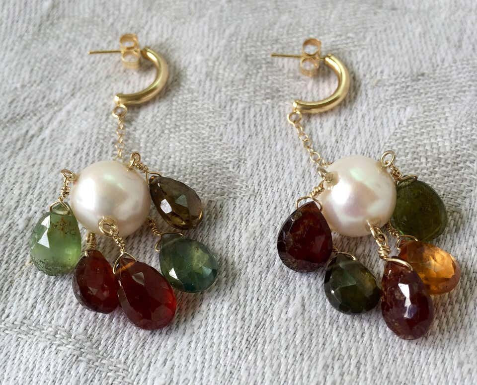 Marina J Pearl, Multicolor Tourmaline Briolette Yellow Gold Dangle Earrings