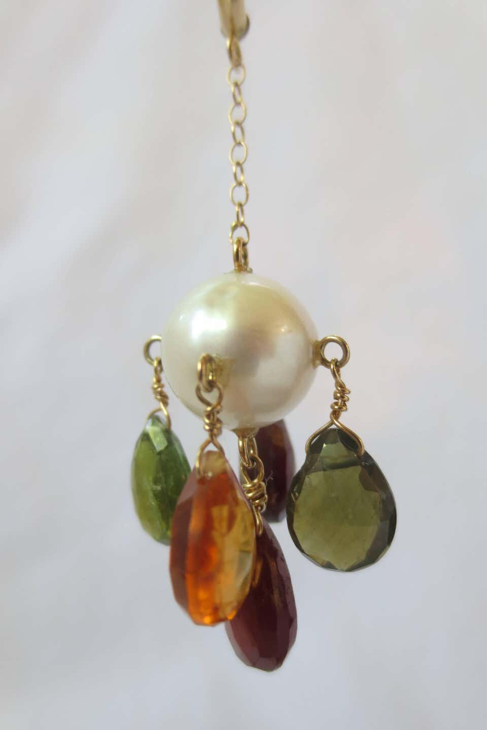 Pearl, Multicolor Tourmaline Briolette & Solid Yellow Gold Dangle Earrings