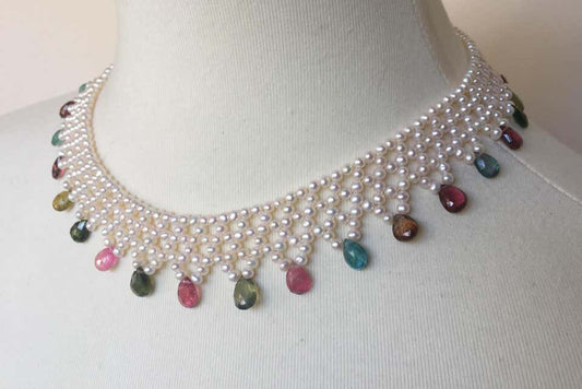 Marina J Pearl and Multi-Color Tourmaline Woven Necklace with Vintage 14k Gold