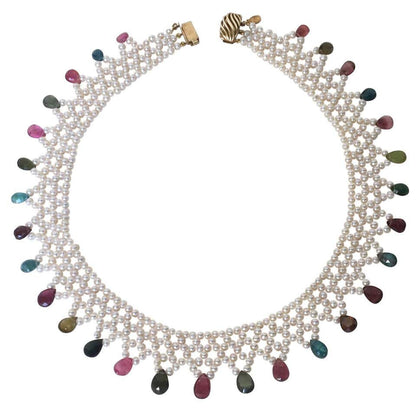 Marina J Pearl and Multi-Color Tourmaline Woven Necklace with Vintage 14k Gold