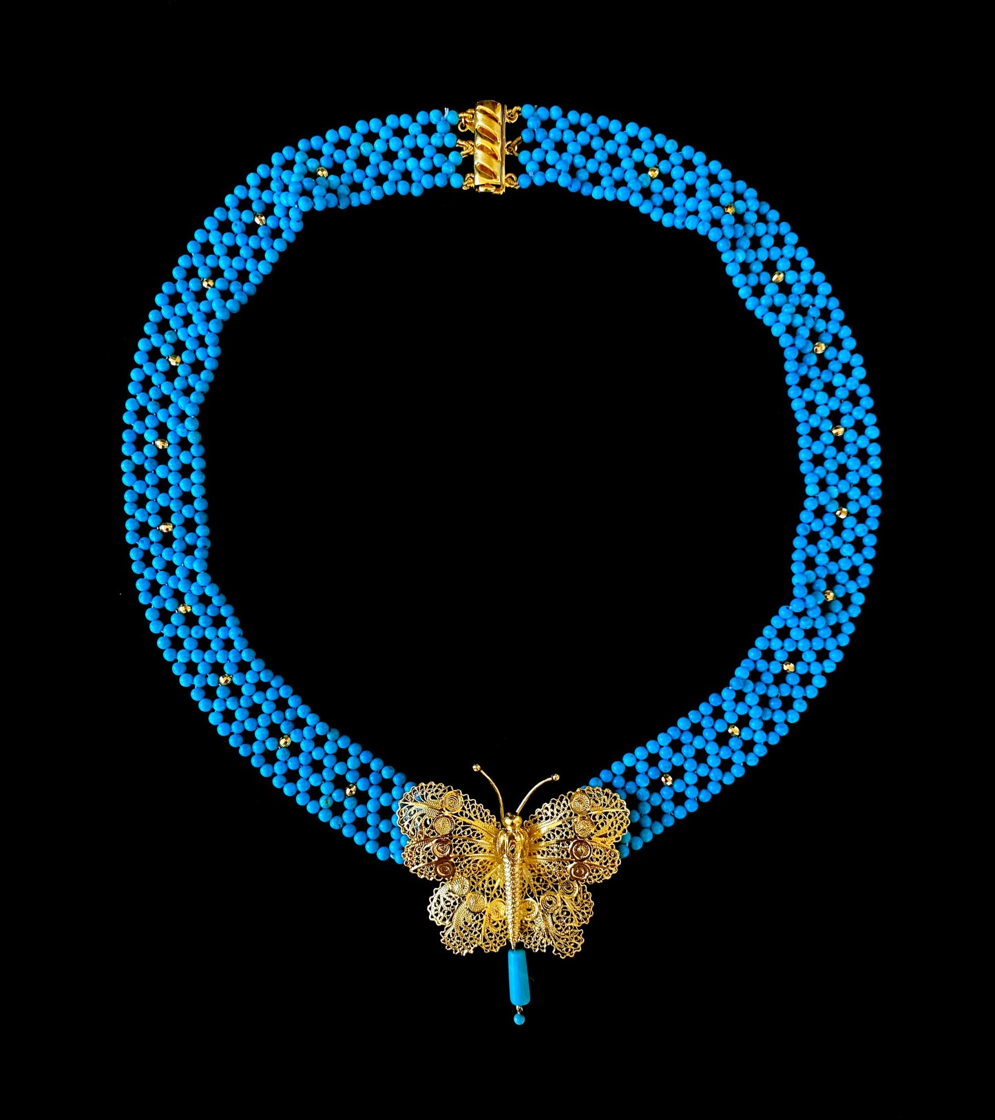 Turquoise Woven Necklace with Yellow Gold Butterfly Centerpiece