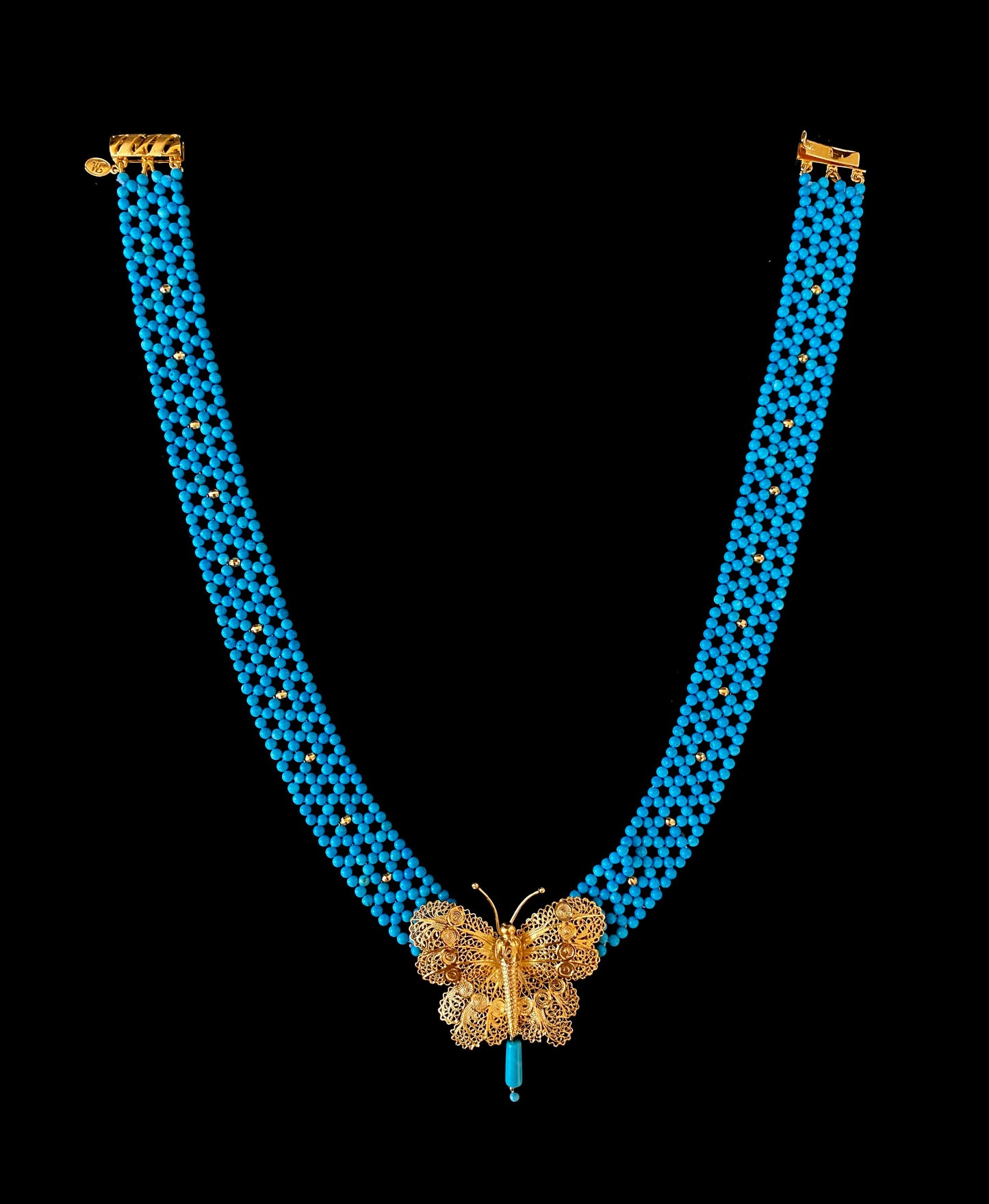 Turquoise Woven Necklace with Yellow Gold Butterfly Centerpiece