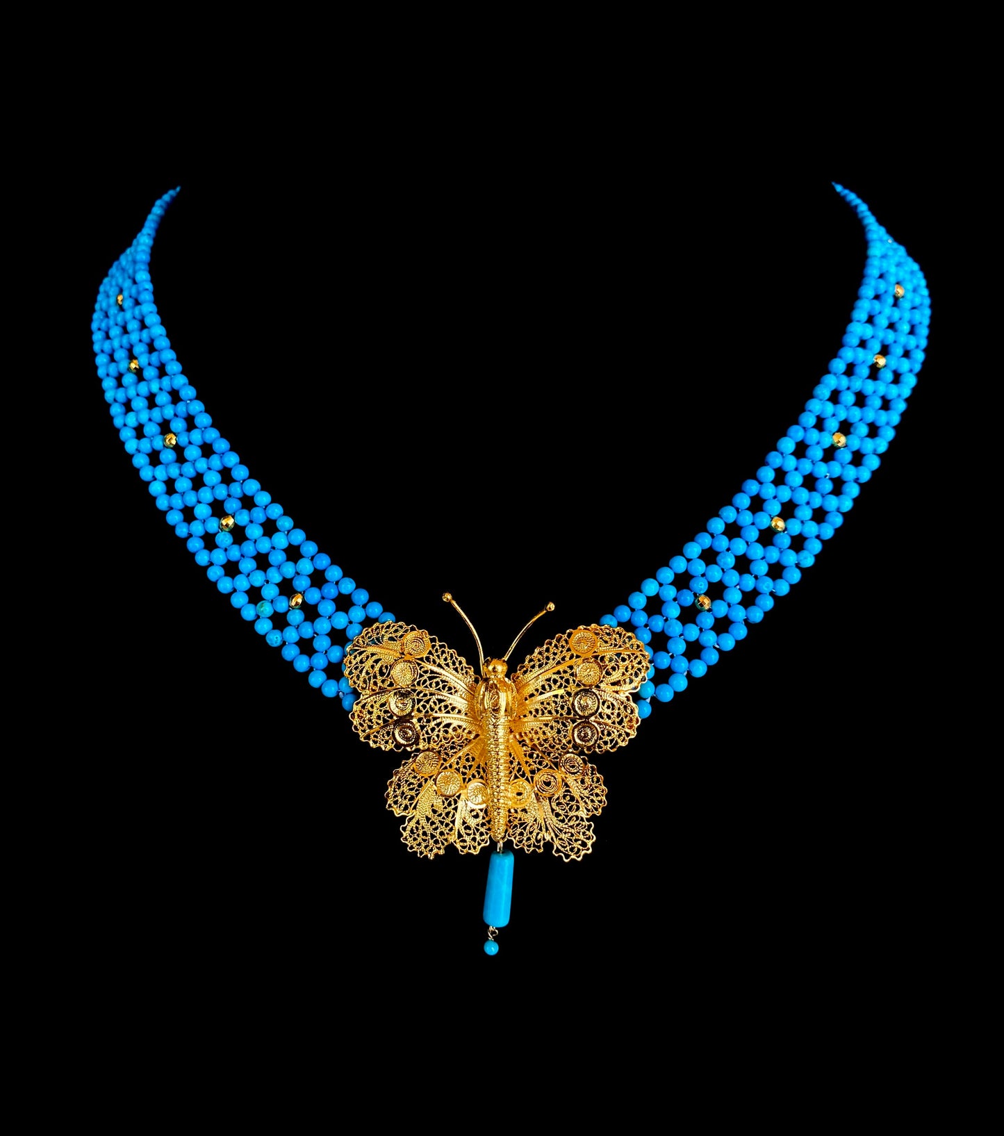 Turquoise Woven Necklace with Yellow Gold Butterfly Centerpiece