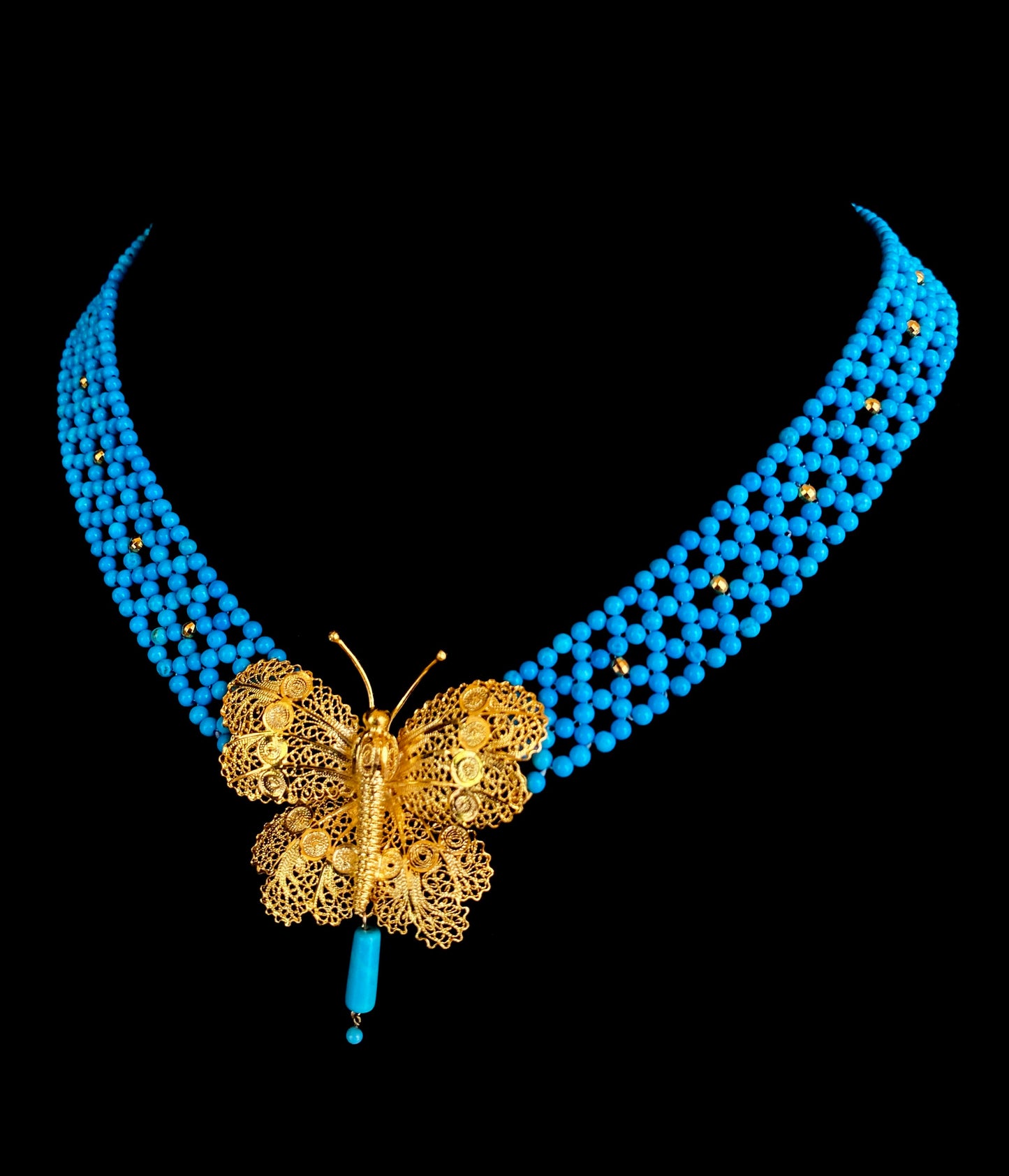 Turquoise Woven Necklace with Yellow Gold Butterfly Centerpiece