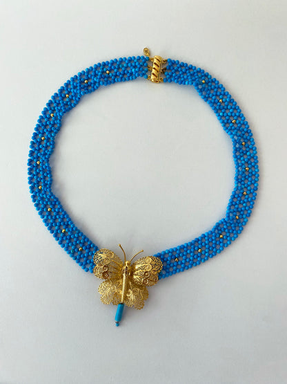 Turquoise Woven Necklace with Yellow Gold Butterfly Centerpiece
