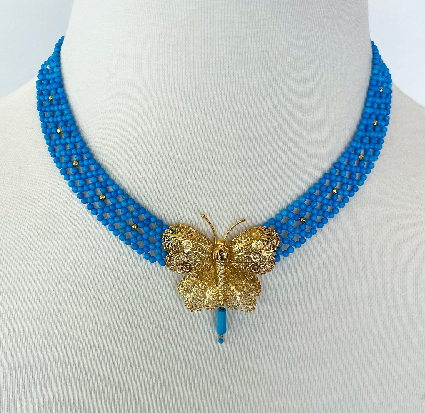 Turquoise Woven Necklace with Yellow Gold Butterfly Centerpiece