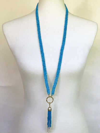 Woven Turquoise beads Sautoir with Pearls and tassel & 14K Yellow Gold