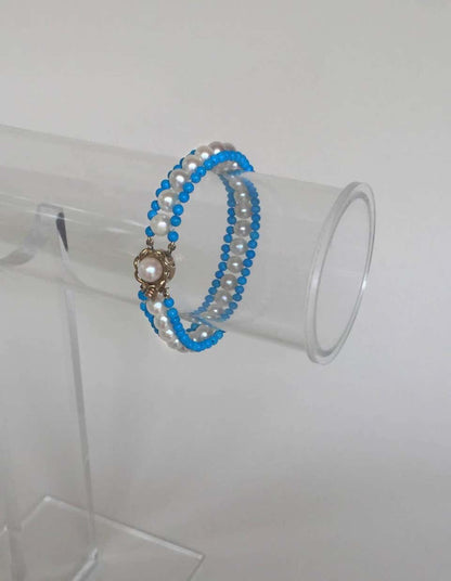 Woven Turquoise, Pearl and 14 Karat Yellow Gold Bracelet