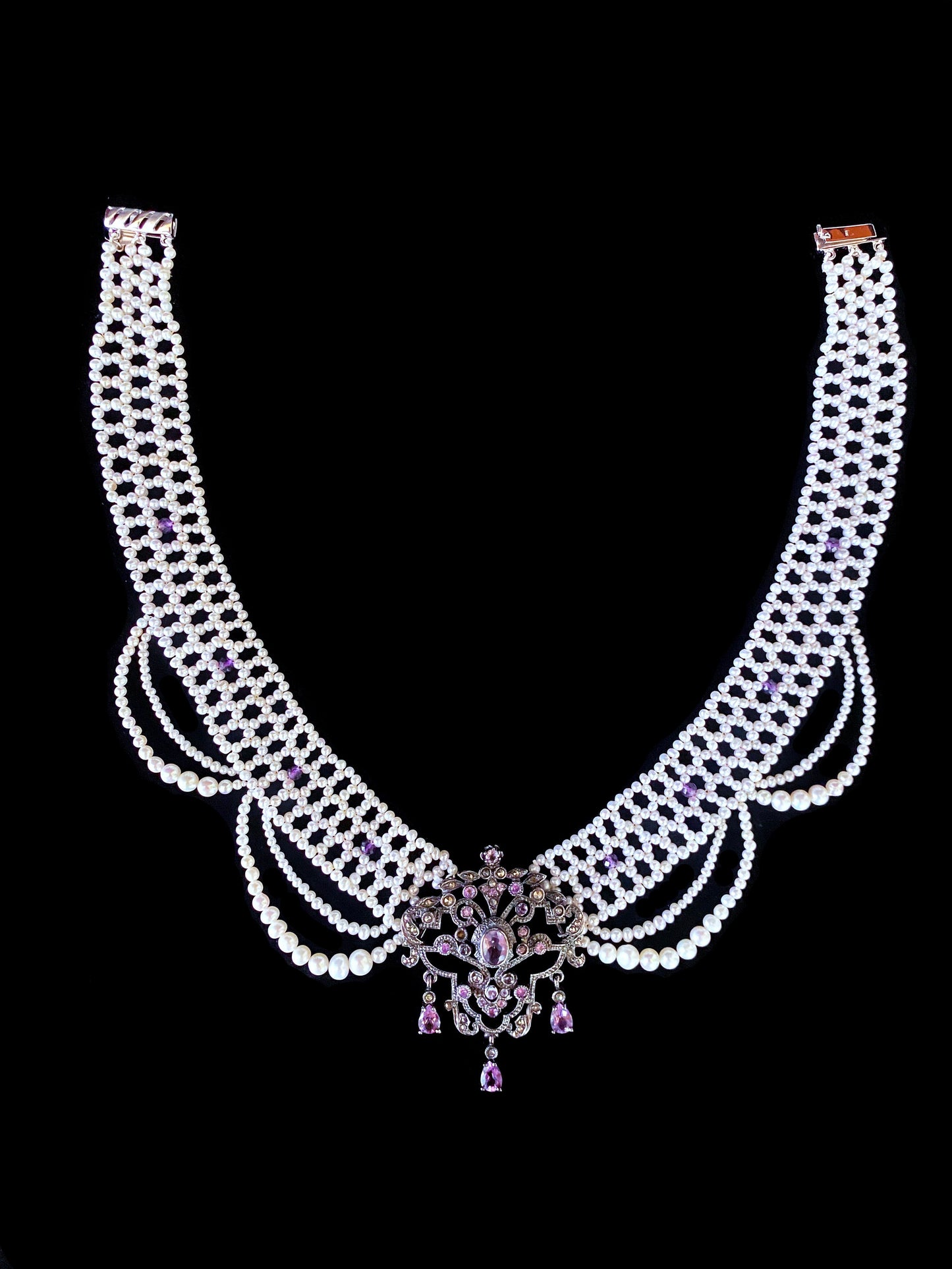 Pearl Draped Necklace with Vintage Amethyst & Silver Centerpiece