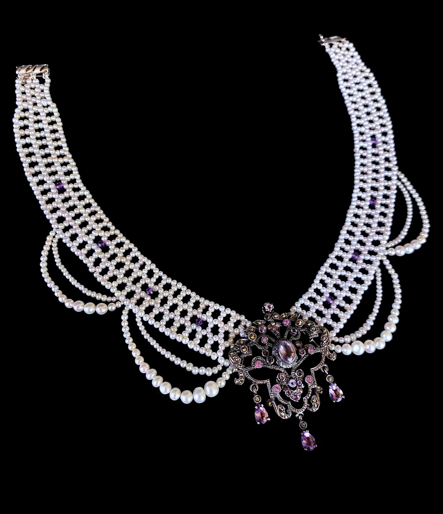 Pearl Draped Necklace with Vintage Amethyst & Silver Centerpiece