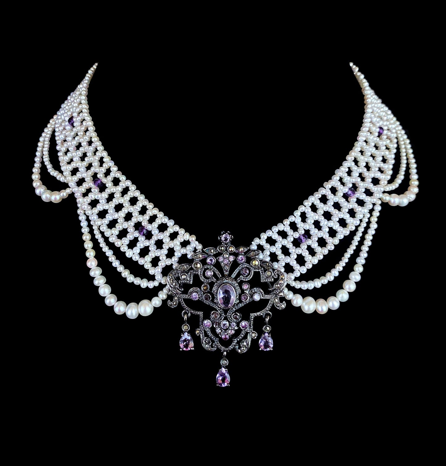 Pearl Draped Necklace with Vintage Amethyst & Silver Centerpiece